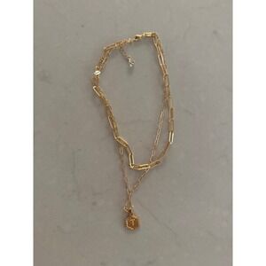 Gold Layered Paperclip Chain Necklace Hexagon Initial T Pendant New